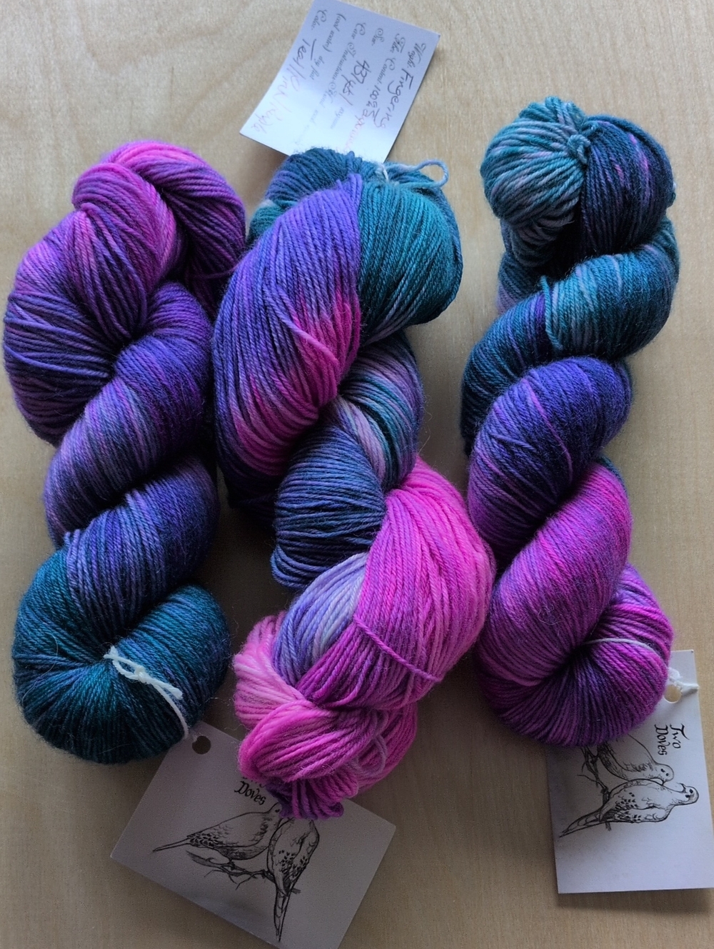 3 Skeins Lot! Yarn Hand-Dyed  Two Doves  Superwash 100% Merino Fingering-